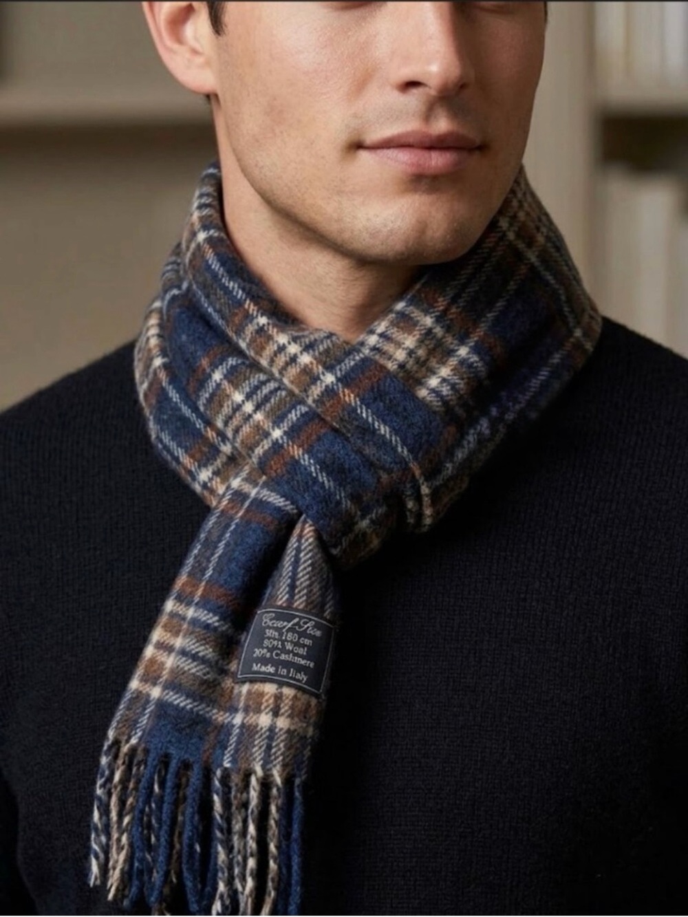 NWT NIB Men’s Cashmere Blend Wool Plaid Scarf Navy Made in Italy